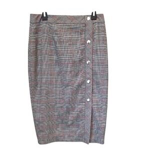 White House Black Market Plaid Pencil Skirt Button Front Career Women's